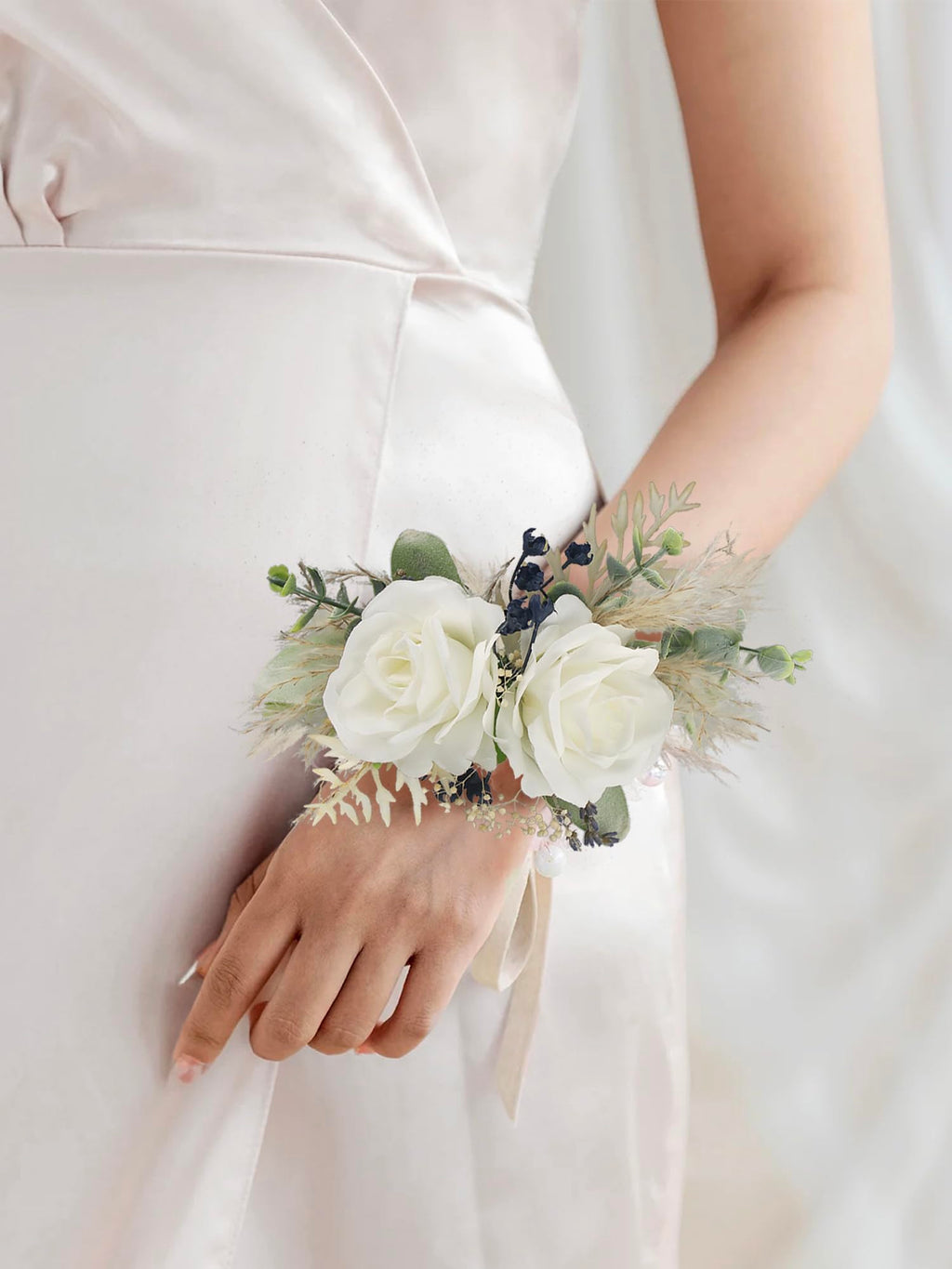 Rinlong Corsage and Boutonniere Set Corsages Wristlet Groom Sage White Rose Flower Boutonniere for Men Wedding Homecoming Corsage for Prom