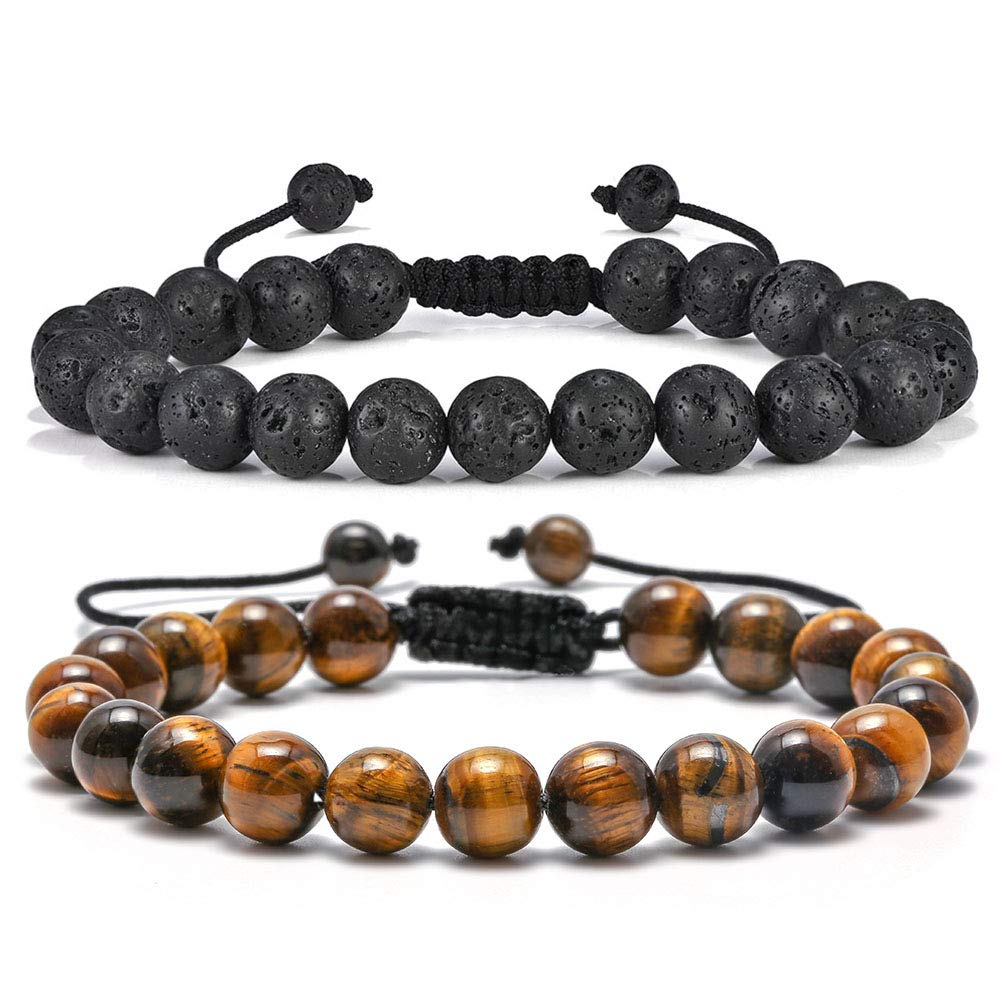 M MOOHAM Natural Stone Bracelets for Men - 8mm Tiger Eye, Matte Agate, Lava Rock - Teen Boys Gifts for Birthday, Anniversary, Christmas