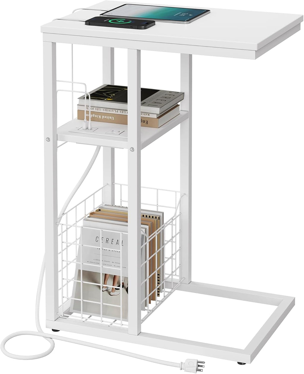 Vagusicc C Shaped End Table with Charging Station, Side Table for Couch, Small Side End Table for Small Spaces, 28" High Slide Under Sofa Table for Coffee, Tv Tray Table for Living Room, White
