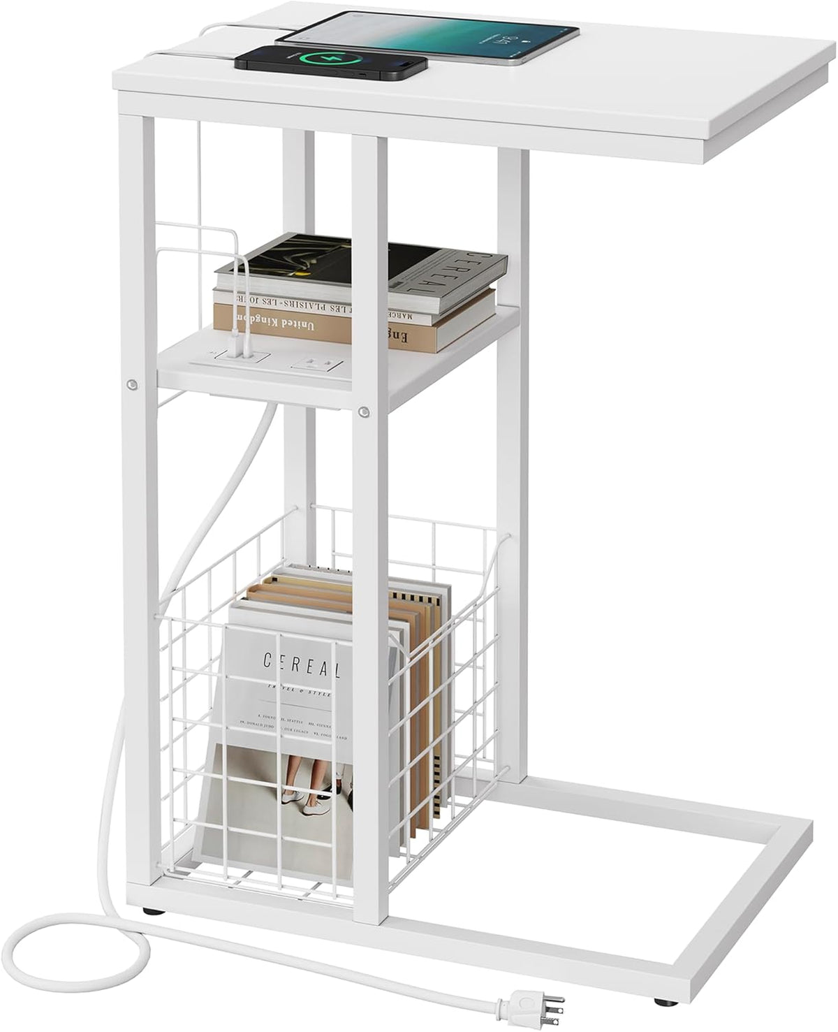 Vagusicc C Shaped End Table with Charging Station, Side Table for Couch, Small Side End Table for Small Spaces, 28" High Slide Under Sofa Table for Coffee, Tv Tray Table for Living Room, White