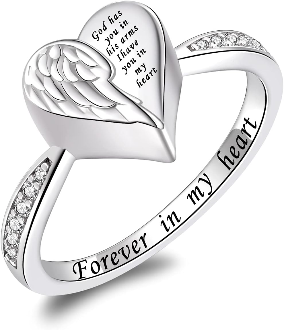 Angel Wing Heart Cremation Ring for Women - 925 Sterling Silver Holds Loved Ones Ashes Rings for Pet Human Ash