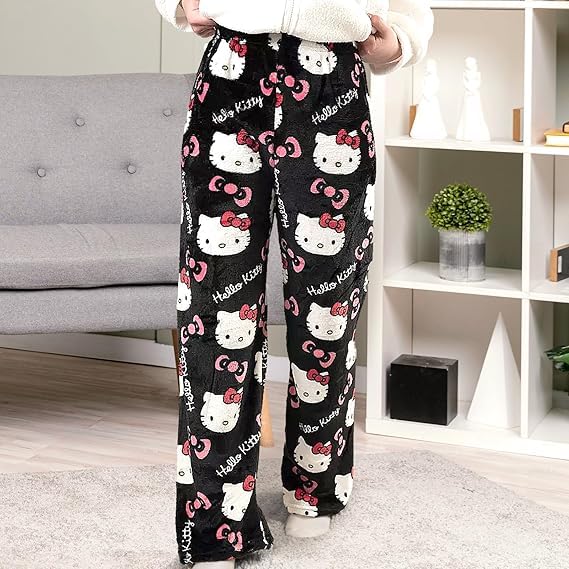 Anime Pajama Pants Women Cute Cat PJS Fluffy Flannel Sleep Bottoms