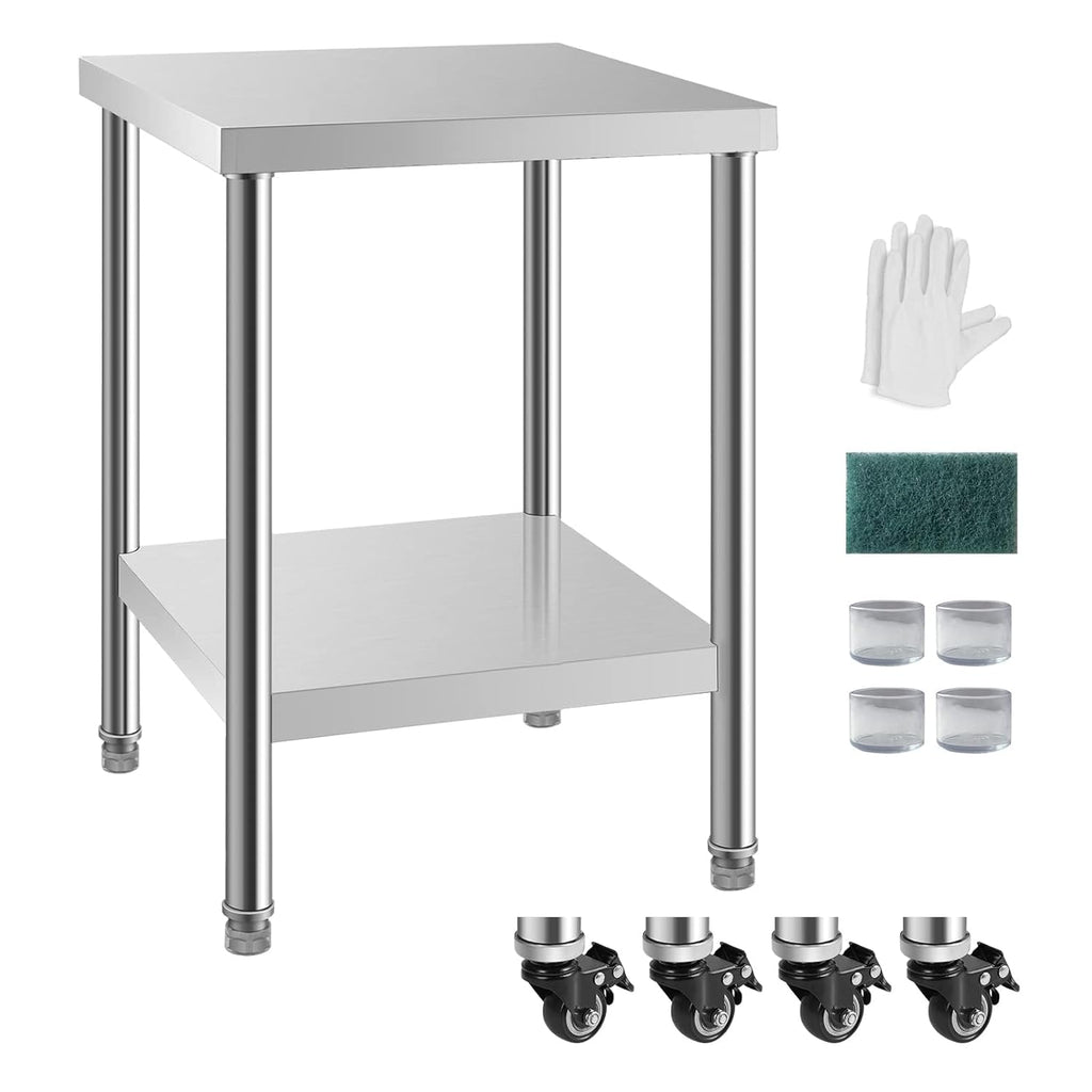 NSF 24x24 Inches Stainless Steel Table for Prep & Work with Caster, Metal Commercial Kitchen Table with Under Shelf and AdjustableTable Foot for Restaurant, Hotel, Home Kitchen, Coffee Station