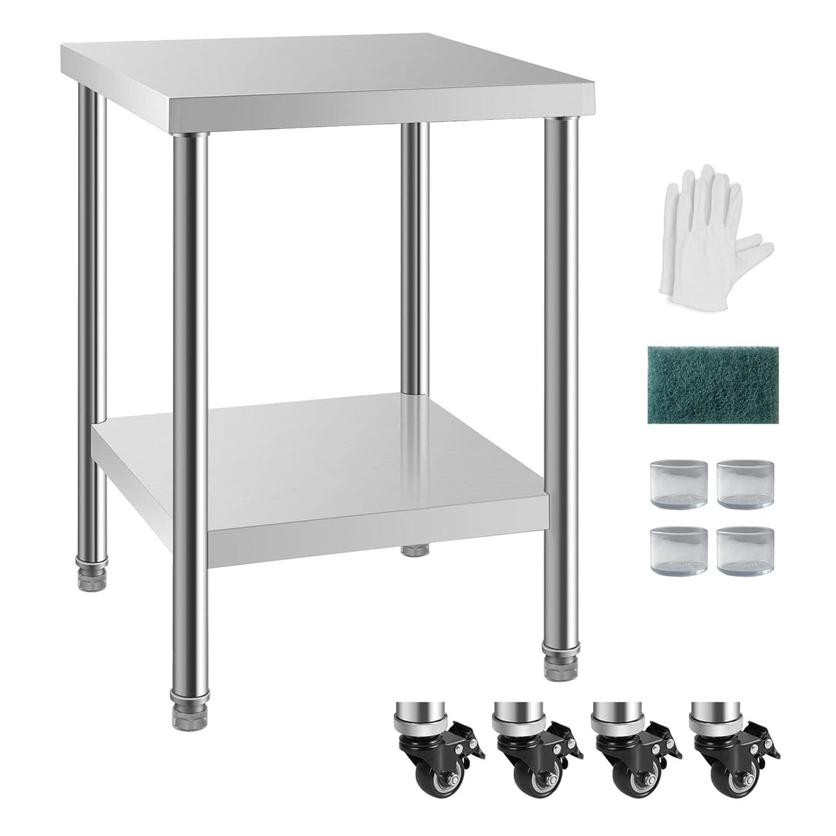 NSF 24x24 Inches Stainless Steel Table for Prep & Work with Caster, Metal Commercial Kitchen Table with Under Shelf and AdjustableTable Foot for Restaurant, Hotel, Home Kitchen, Coffee Station
