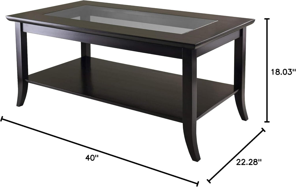Winsome Genoa Rectangular Coffee Table with Glass Top And Shelf, Espresso