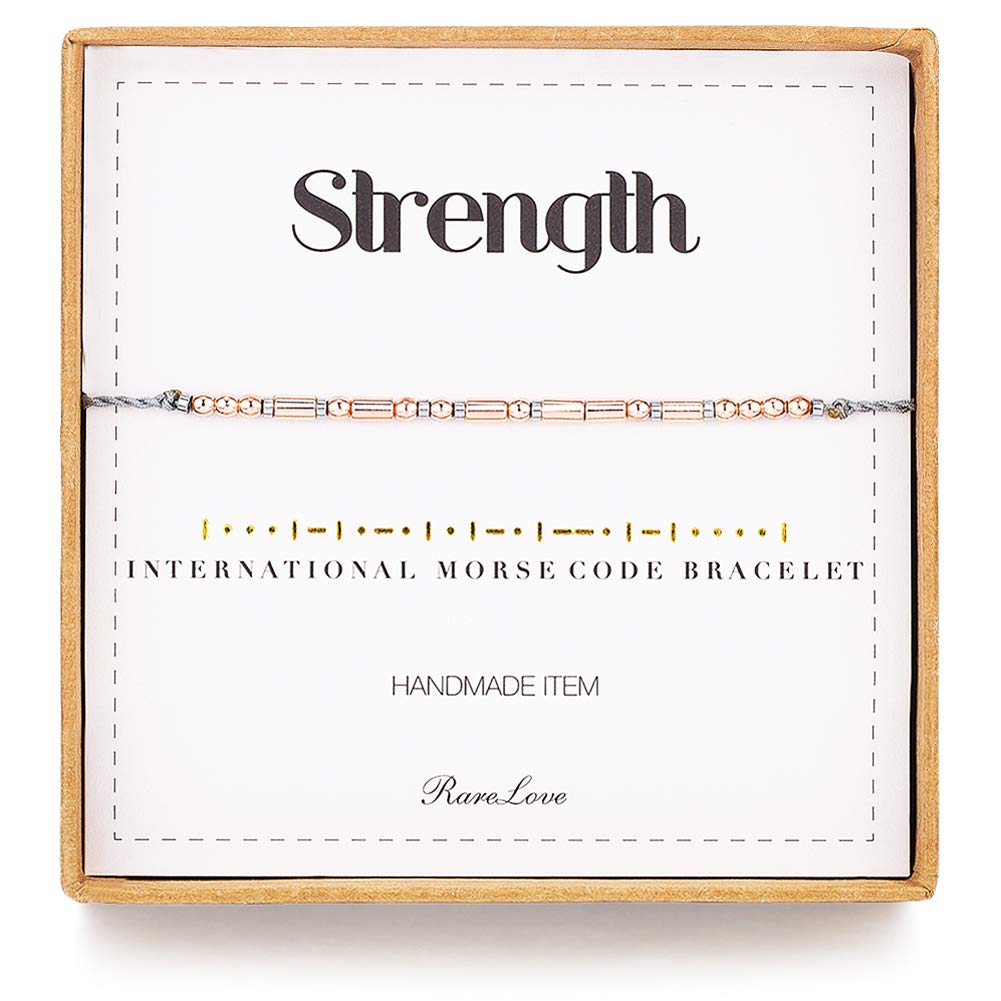 RareLove Strength Morse Code Bracelets Be Strong Inspirational Encouragement Friendship Gift For Women Tiny Beads Grey String Bracelet