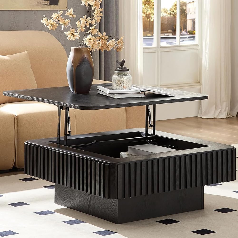 Lift Top Coffee Table with Storage for Living Room Mid Century Modern Coffee Table with Lifting Top Wood Fluted Coffee Tables with Lifts Up Tabletop for Home Apartment Office 38.6" Walnut Rectangle