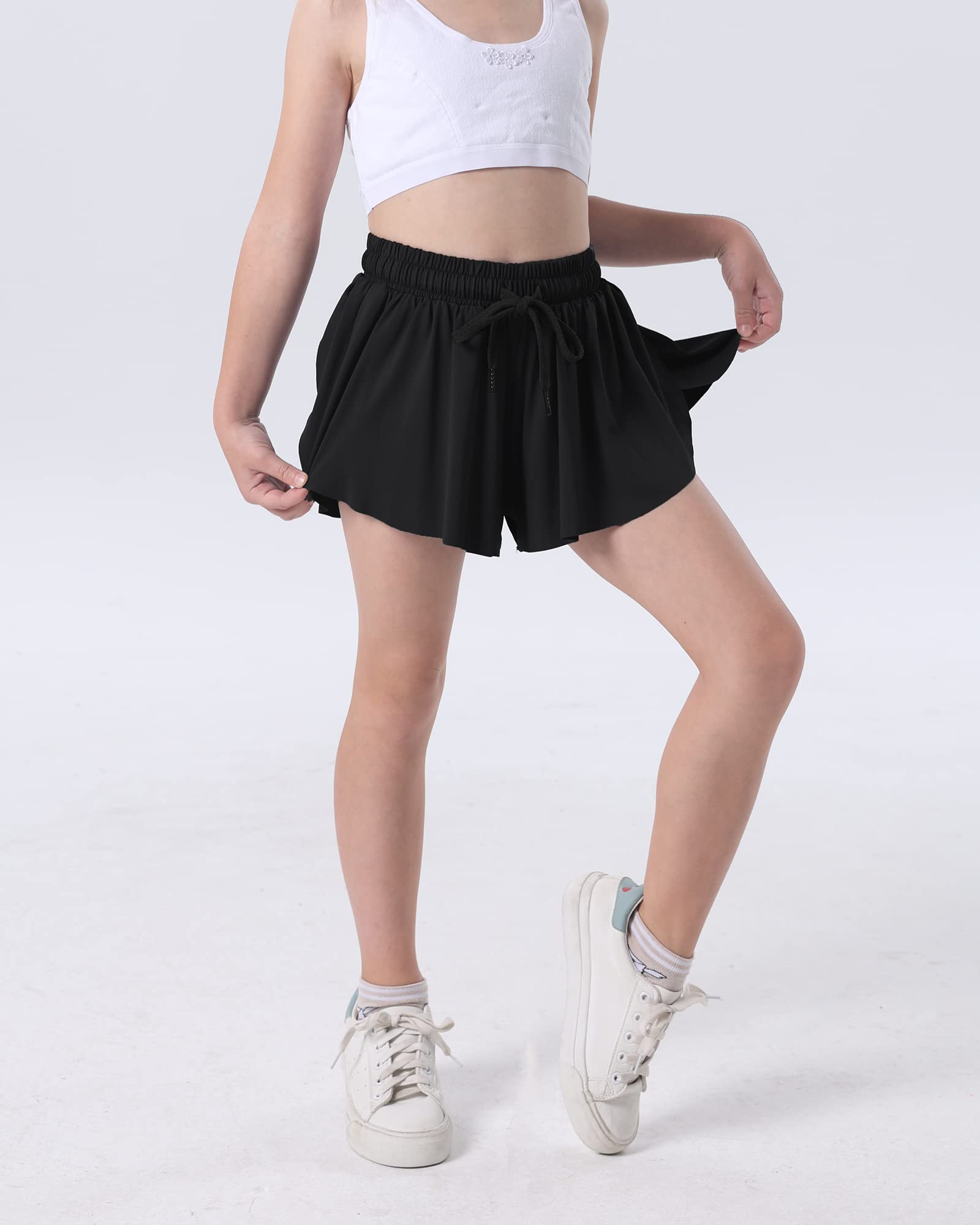 KEREDA Girls Flowy Shorts,Butterfly Shorts for Teen Girls with Spandex Liner 2-in-1 for Running,Gym,Athletic,Workout 1 Pack 9-10Y (Black)