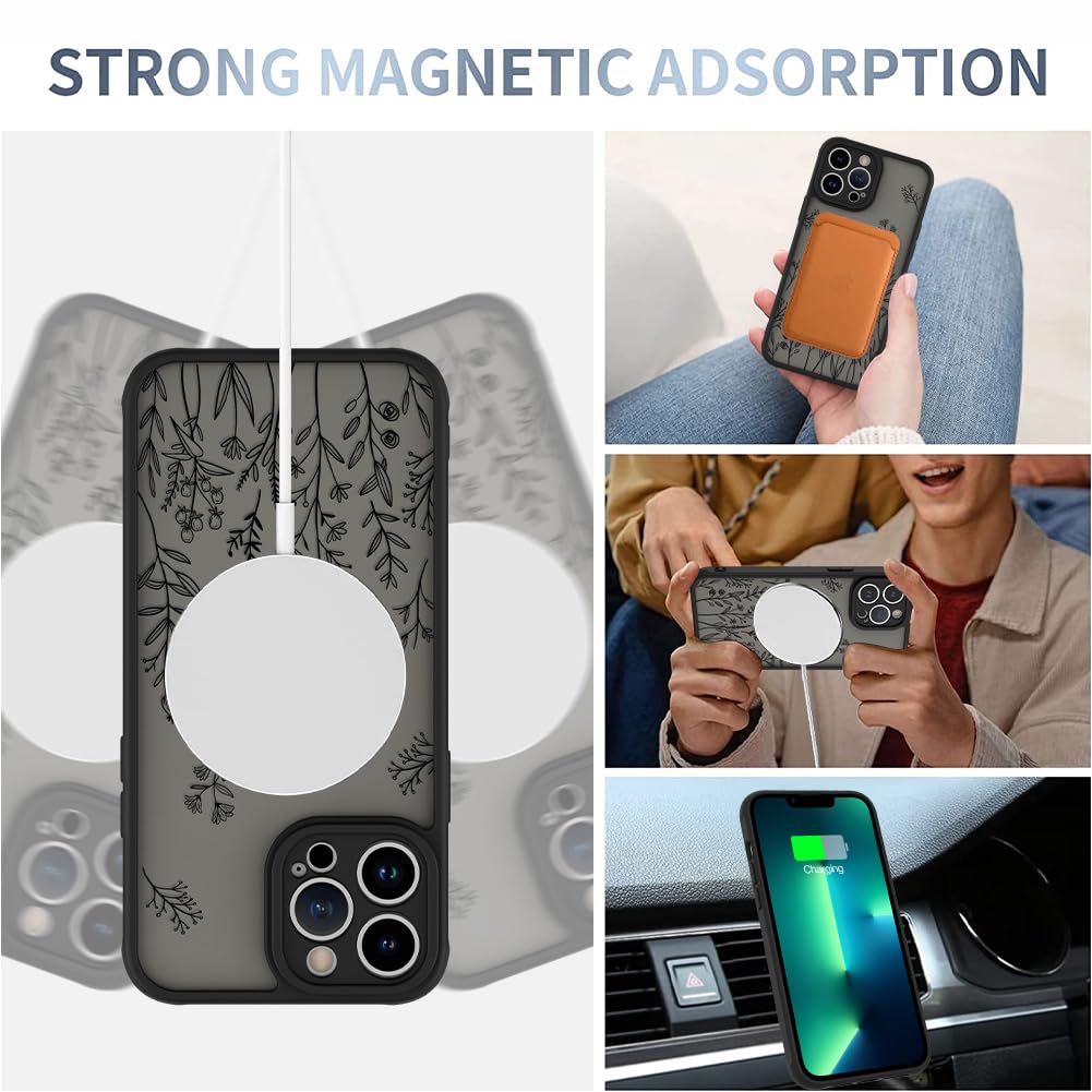AIGOMARA Magnetic Case for iPhone 13 Pro Max [Compatible with MagSafe] Cute Black Flower Floral Case for Women Girls Soft TPU Bumper Hard PC Back Anti-Fall Shockproof Protective Slim Cover