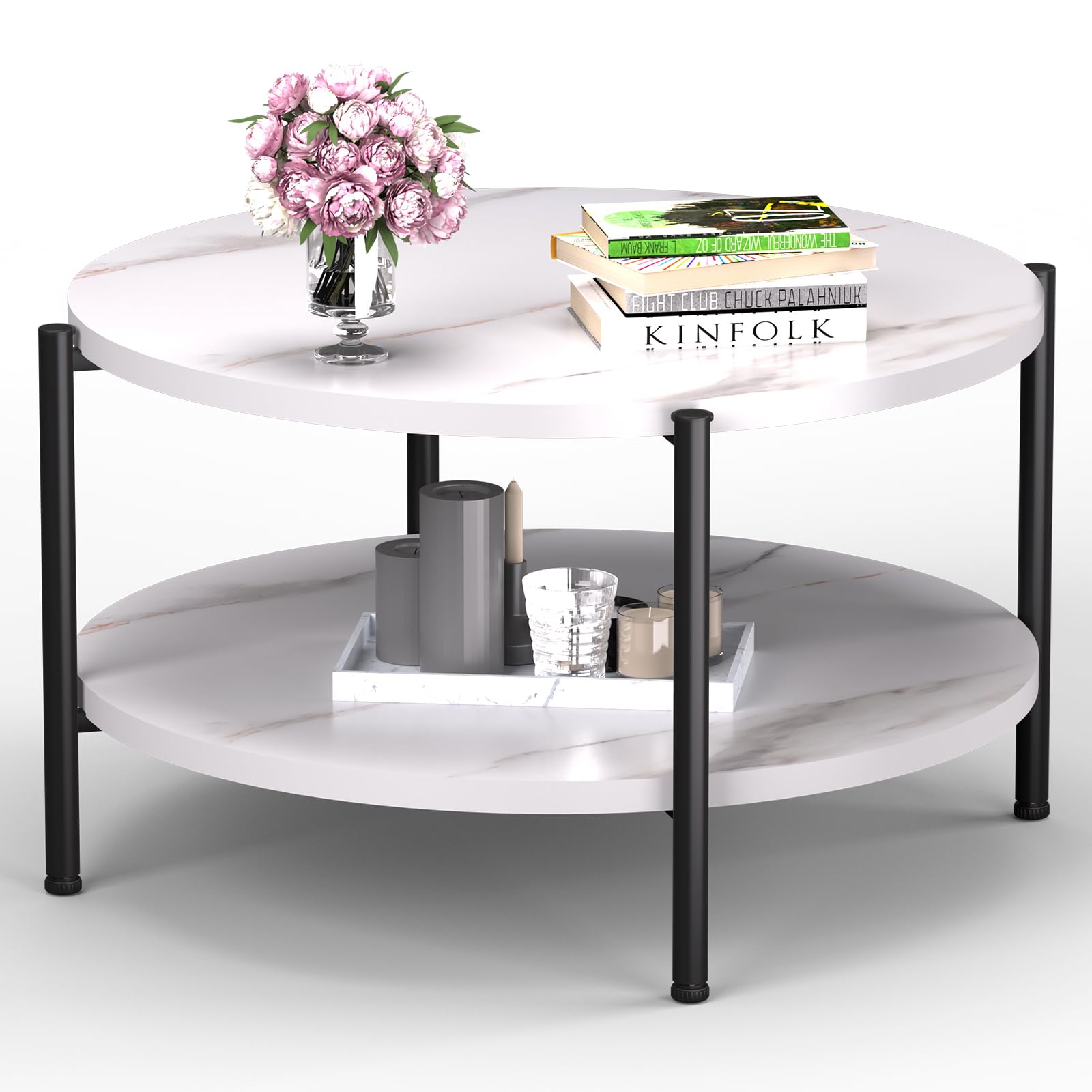 Coffee Table, 23.6" Coffee Tables for Living Room, Round Coffee Table with Metal Frame, Floor Table for Sitting on The Floor, Home, Office, Black