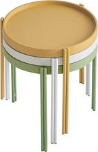 Stackable Nesting Plastic Coffee Table with Metal Legs, Outdoor End Table Set, Colorful Nightstands, Color Fun Living, Beding, Patio Table Sets, Quick Assembly, Set of 3, (Yellow, White, Green)