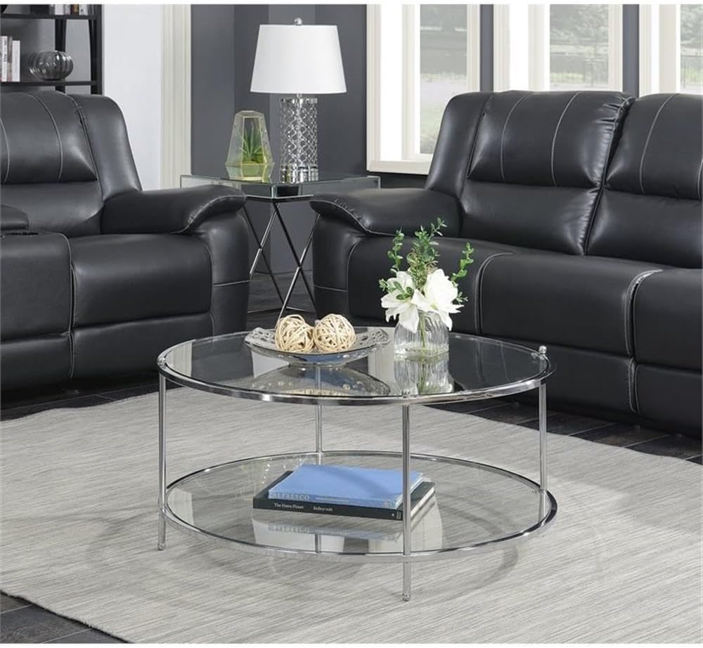 Convenience Concepts Royal Crest 2 Tier Round Glass Coffee Table, Clear Glass / Chrome Frame