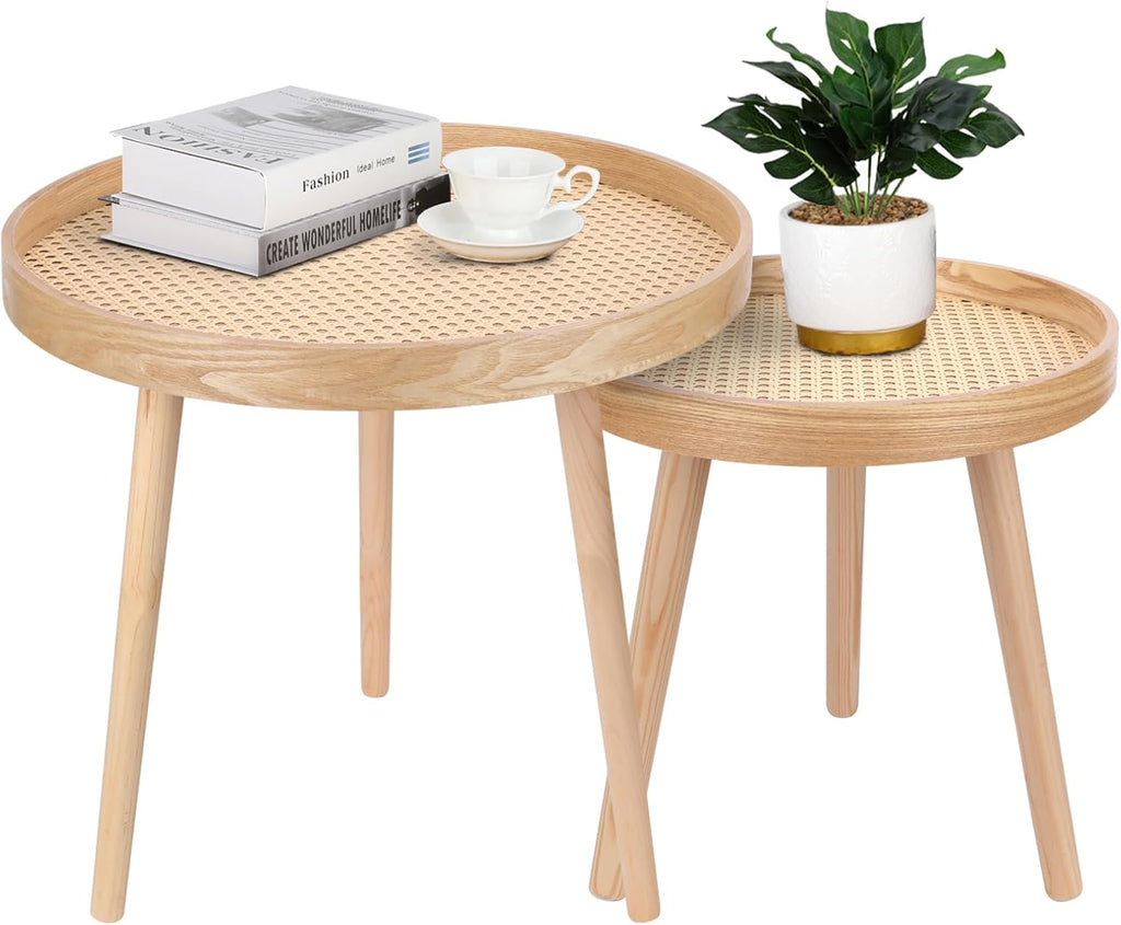 Round Coffee Table Set of 2, Natural Boho Side Table, Small Mid Century Modern Rattan End Tables for Living Room Bedroom Office