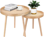 Round Coffee Table Set of 2, Natural Boho Side Table, Small Mid Century Modern Rattan End Tables for Living Room Bedroom Office