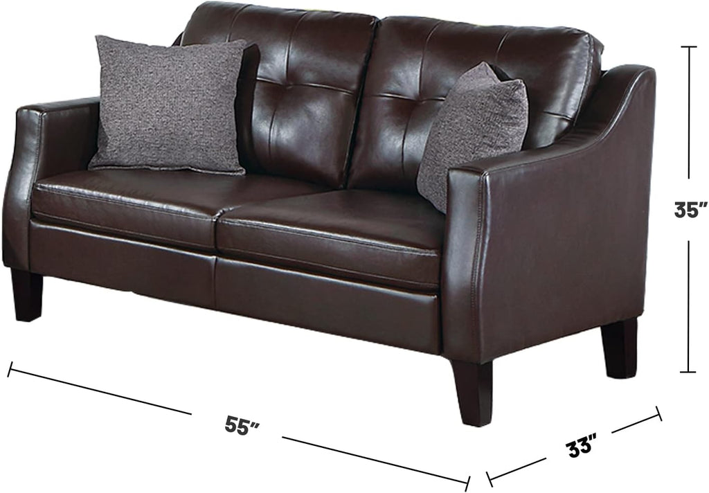 Poundex Faux Leather 2-Piece Set with Accent Pillows Sofas, Dark Brown