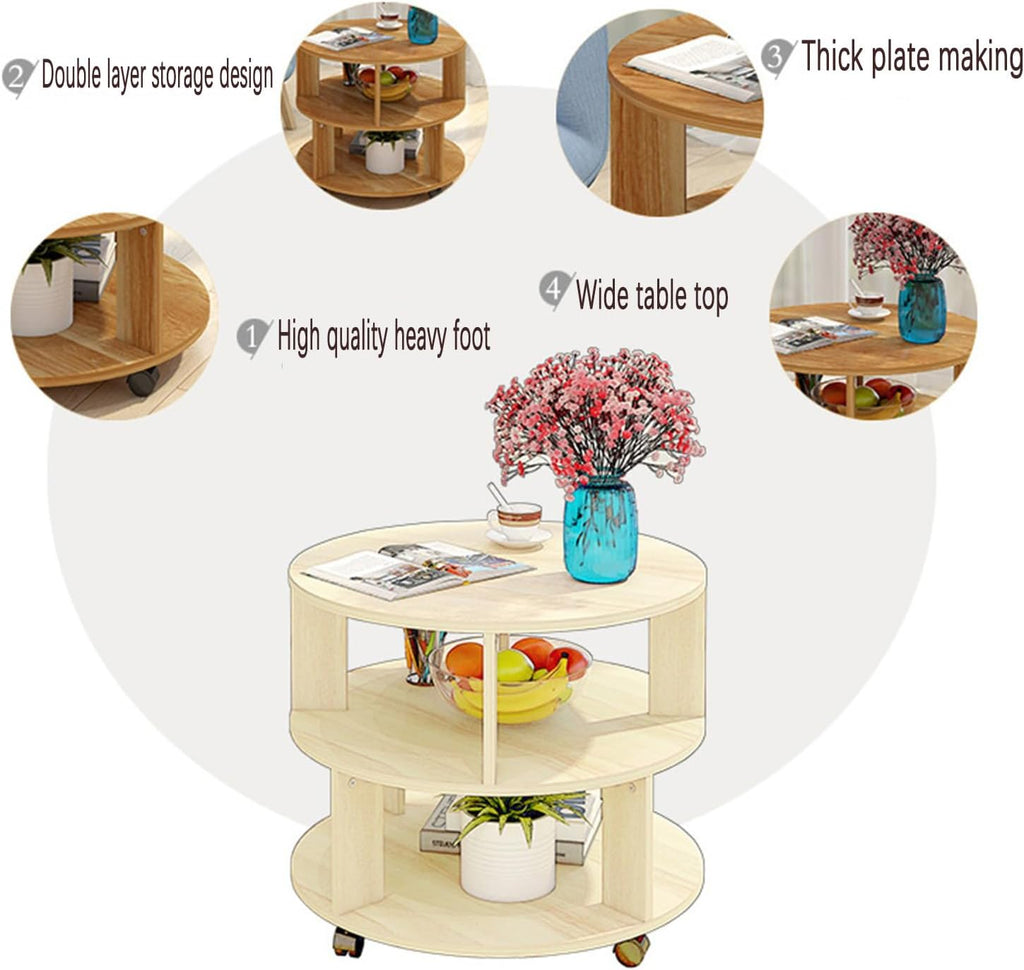 RNE Coffee Table with Wheels,Round Side Table with 2-Tier Storage Shelf,End Table Easy Assembly,Cocktail Table for Home Office