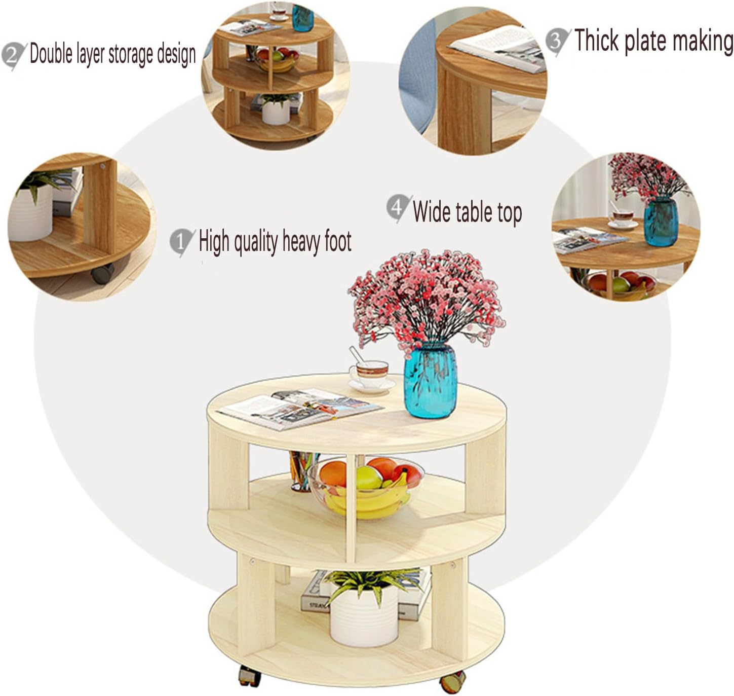 RNE Coffee Table with Wheels,Round Side Table with 2-Tier Storage Shelf,End Table Easy Assembly,Cocktail Table for Home Office