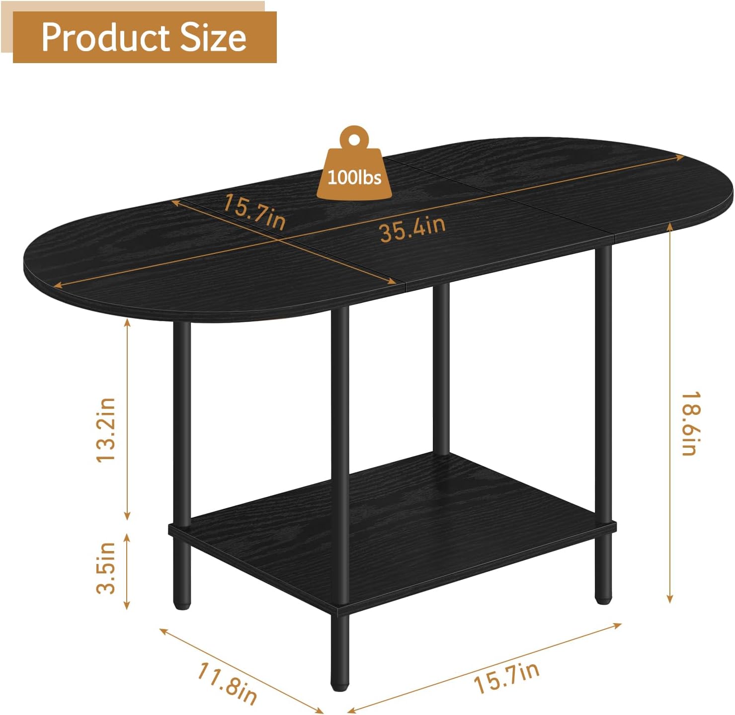 OYEAL Black Coffee Table for Living Room, 2-Tier Small Oval Center Table, Mid Century Farmhouse Round Tea Table with Storage Shelf for Small Space, Home Office, Living Room