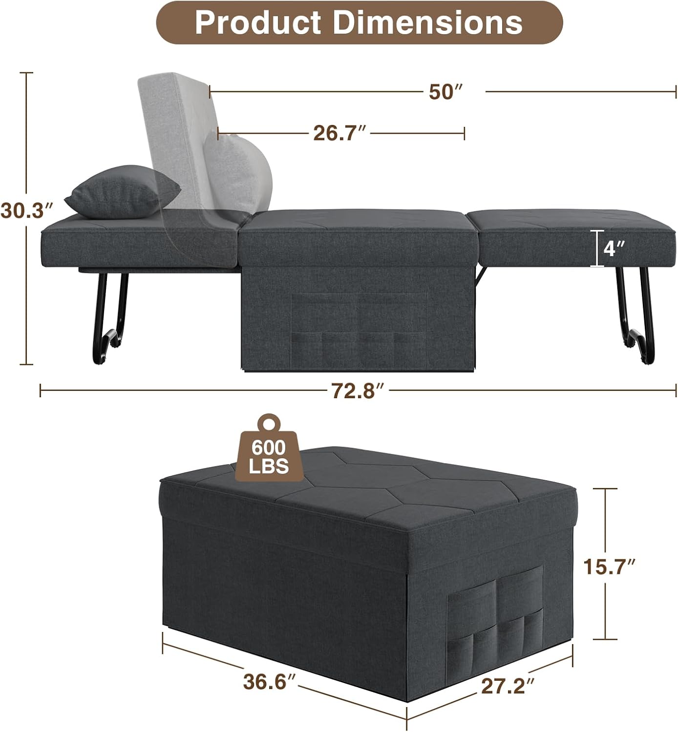 4 in 1 Sleeper Chair, Convertible Sleeper Sofa with Ottoman, Ottoman Bed for Adults, Sofa Bed with Adjustable Backrest for Living Room Apartment Office, Dark Grey