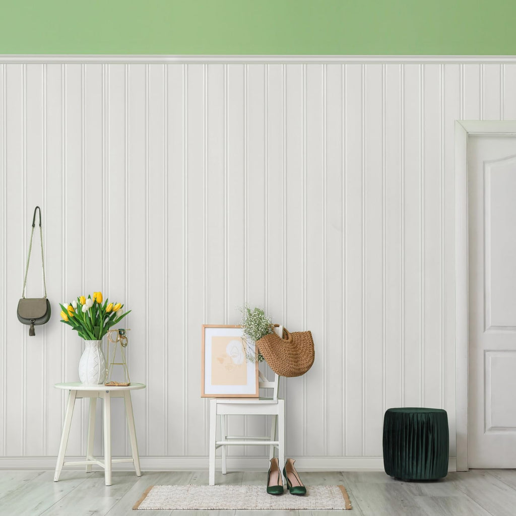 Plastpro Accent Wall Panels - 8 Foot Reversible PVC Wall Panels for Interior Wall Decor, Easy to Install Wainscoting Panels for Wall Home Decor - Home Improvement White PVC Panels for Walls (7 Piece)