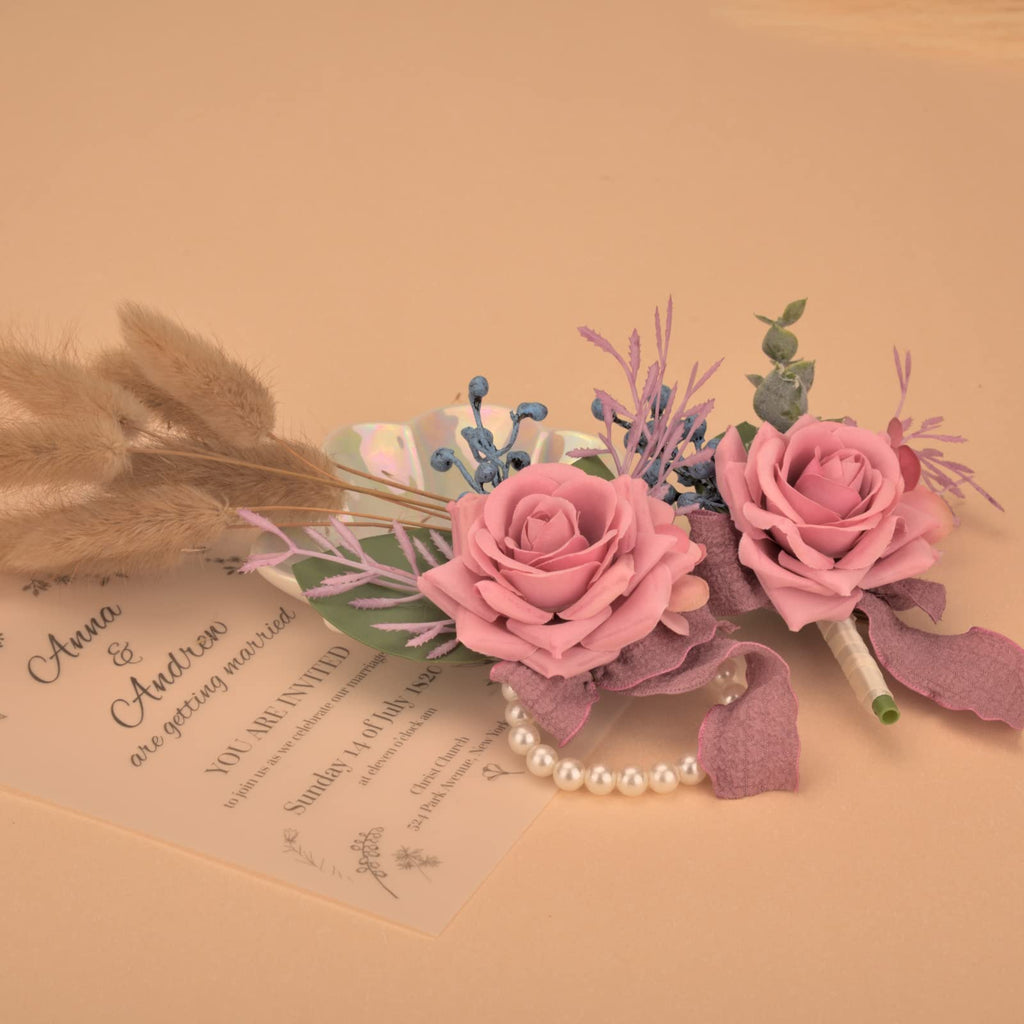 Weslymoo Dusty Pink Rose Wrist Corsage and Boutonniere Set Artificial Prom Flower Corsage Wristlet Band Bracelet and Boutonniere for Men Wedding Accessories Prom Stuff Decorations