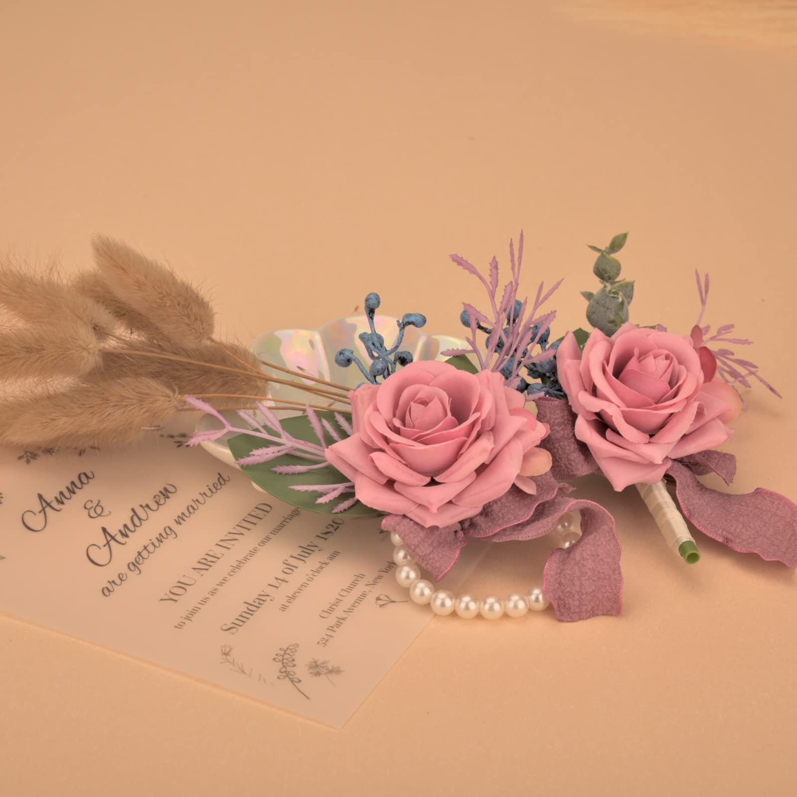 Weslymoo Dusty Pink Rose Wrist Corsage and Boutonniere Set Artificial Prom Flower Corsage Wristlet Band Bracelet and Boutonniere for Men Wedding Accessories Prom Stuff Decorations