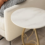 Boho Round Side Table Living Room, Natural Marble Desktop end Tables with Boho Minimalist Metal Floral Base, Modern Decor Bedside nightstand Coffee Table for Living Room Bedroom Sofa Balcony