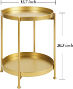 Tiita 2 Pack Round End Table Mental Side Table Nightstand/Small Wood Tables Accent Coffee Table with Wooden Tray for Living Room Bedroom Office Small Space