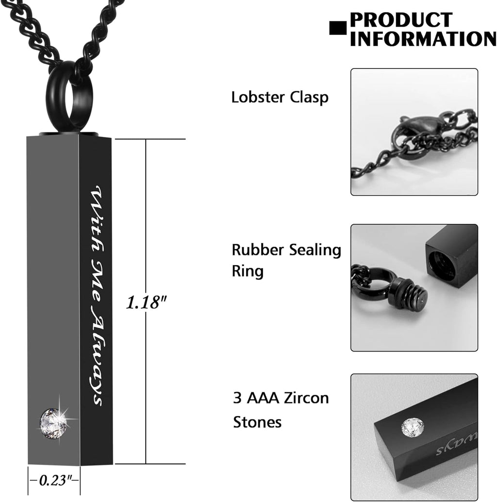3 Pack Urn Necklace for Ashes Memorial Cremation Jewelry for Ashes, CZ Bar Urn Locket for Ashes Stainless Steel Urns Pendant Keepsake Jewelry with Words: With Me Always & Funnel Kit & Bag