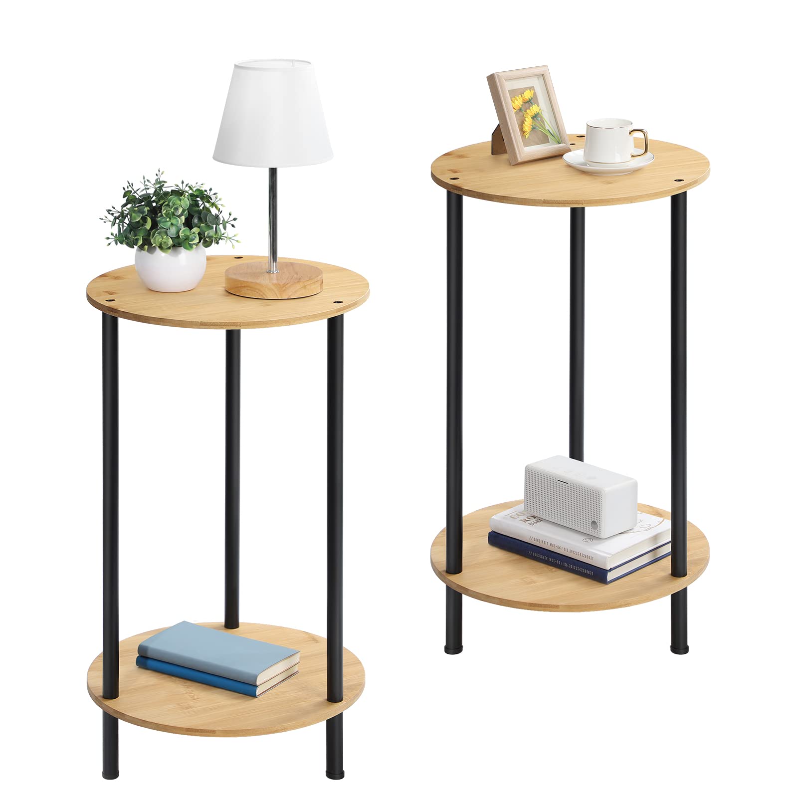 SEHERTIWY Small Round Side Table, 2 Tiers Farmhouse End Tables, Set of 2 Accent Tables for Small Spaces, Night Stands for Bedrooms Living Room, Coffee Tables with Storage Shelf, Black