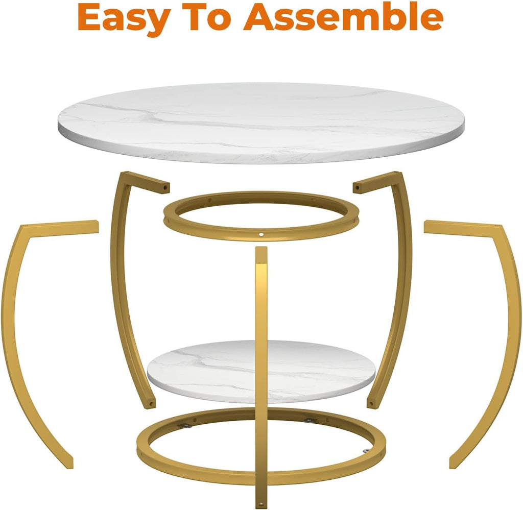 GreenForest Round Coffee Table with Storage, 27.6 inch Small Living Room Tables with Adjustable Feet, 2-Tier Farmhouse Center Table for Home Office, Marble