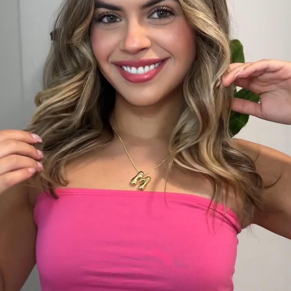 Bheop Gold Bubble Letter Necklace for Women Dainty 14K Gold Plated Balloon Initial Necklaces for Women Trendy Cute Chunky Charm Name Pendant M Necklace Fashion Jewelry Gifts