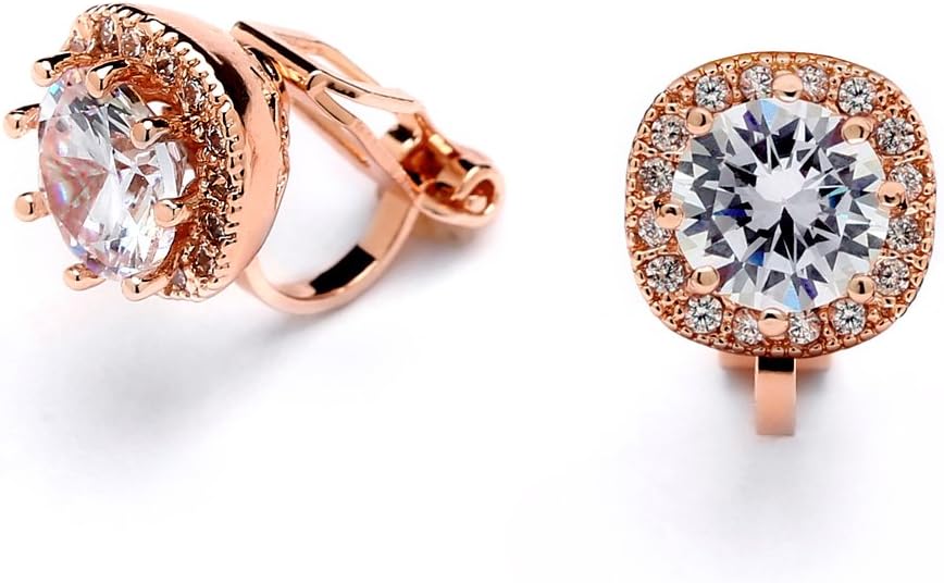 Mariell Rose Gold Cubic Zirconia Crystal Clip-On Earrings, 10mm CZ Stud for Brides, Birthday Gift