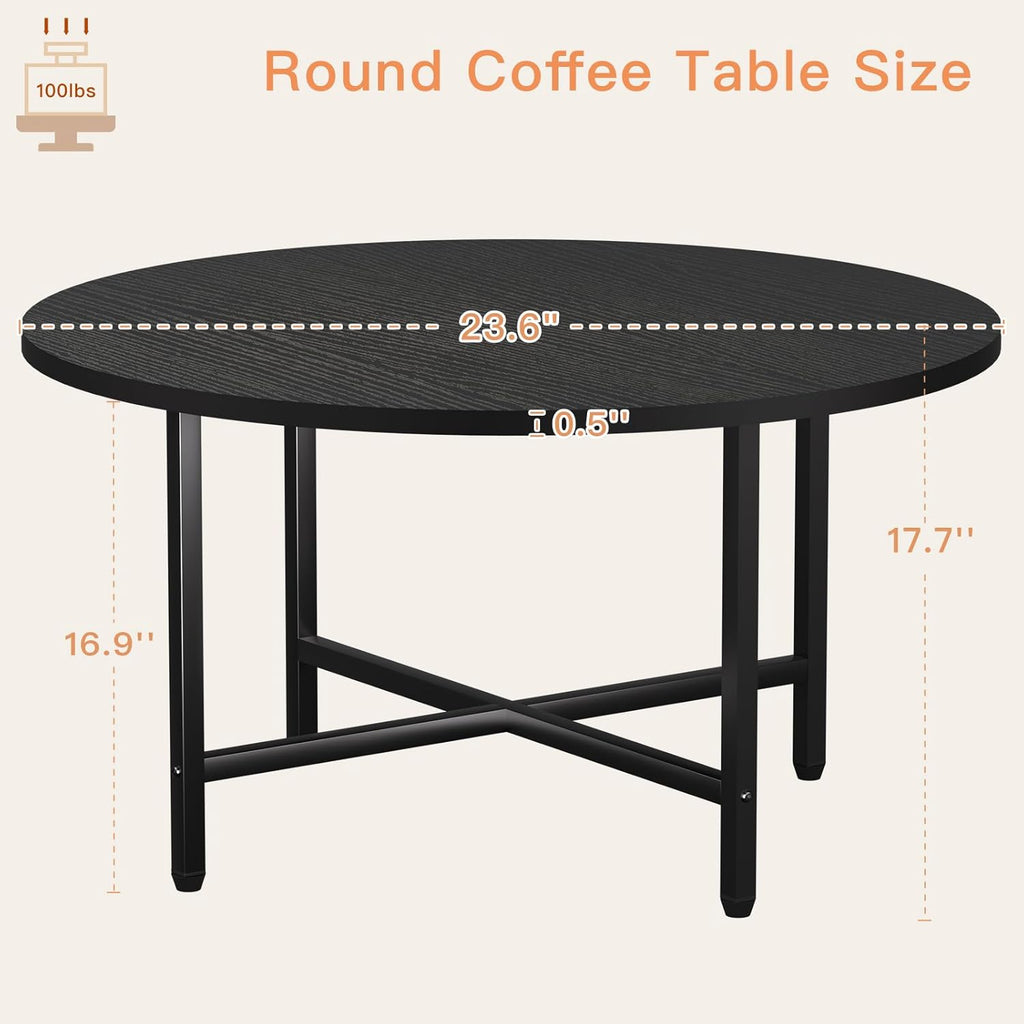 Coffee Table, 23.6" Coffee Tables for Living Room, Round Coffee Table with Metal Frame, Floor Table for Sitting on The Floor, Home, Office, Black