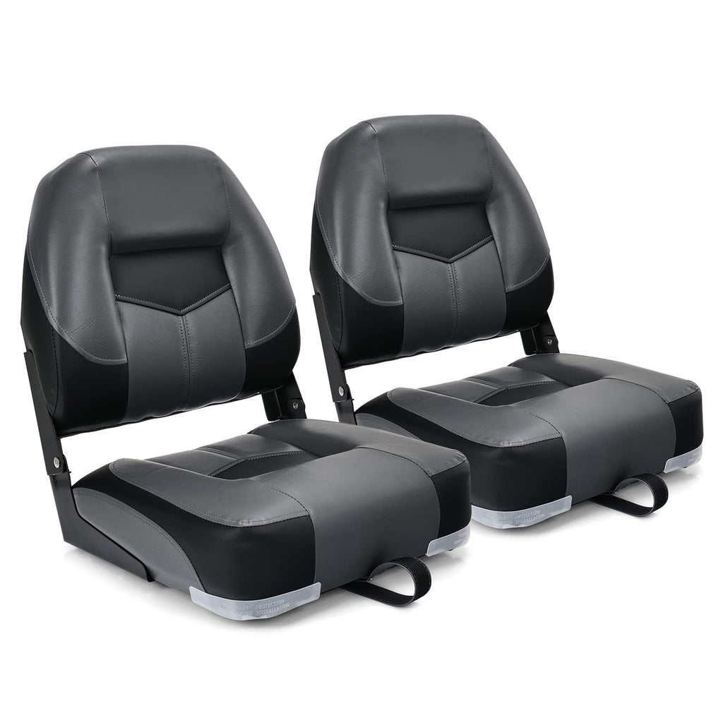 Goplus Low/High Back Boat Seats, Folding Boat Seat with Stainless Steel Screws & Aluminum Hinges, Thickened Sponge Padding, Waterproof Fishing Captain Boat Seats (2 Packs-Camo & Gray)