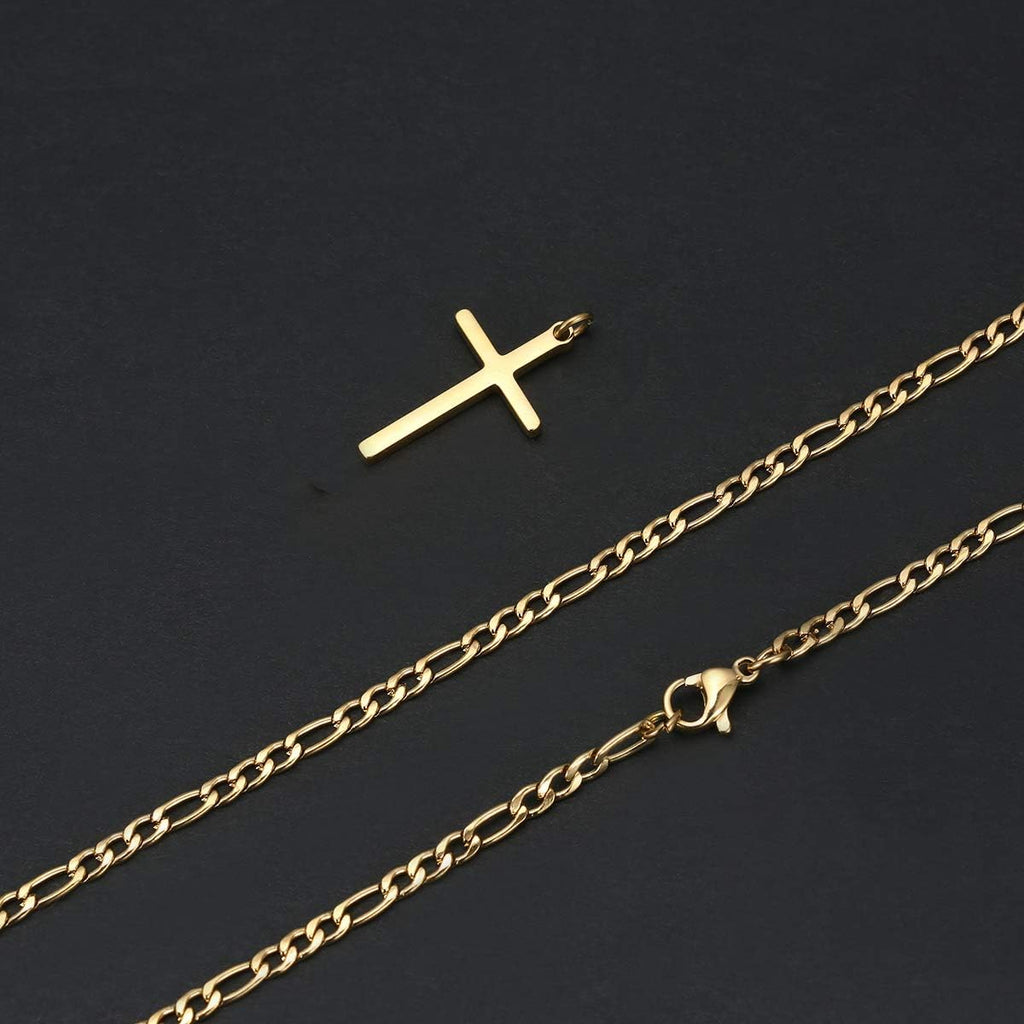 14K Gold Filled Cross Necklace for Men Figaro Chain Stainless Steel Plain Polished Cross Pendant Necklace Simple Faith Jewelry Gift for Women