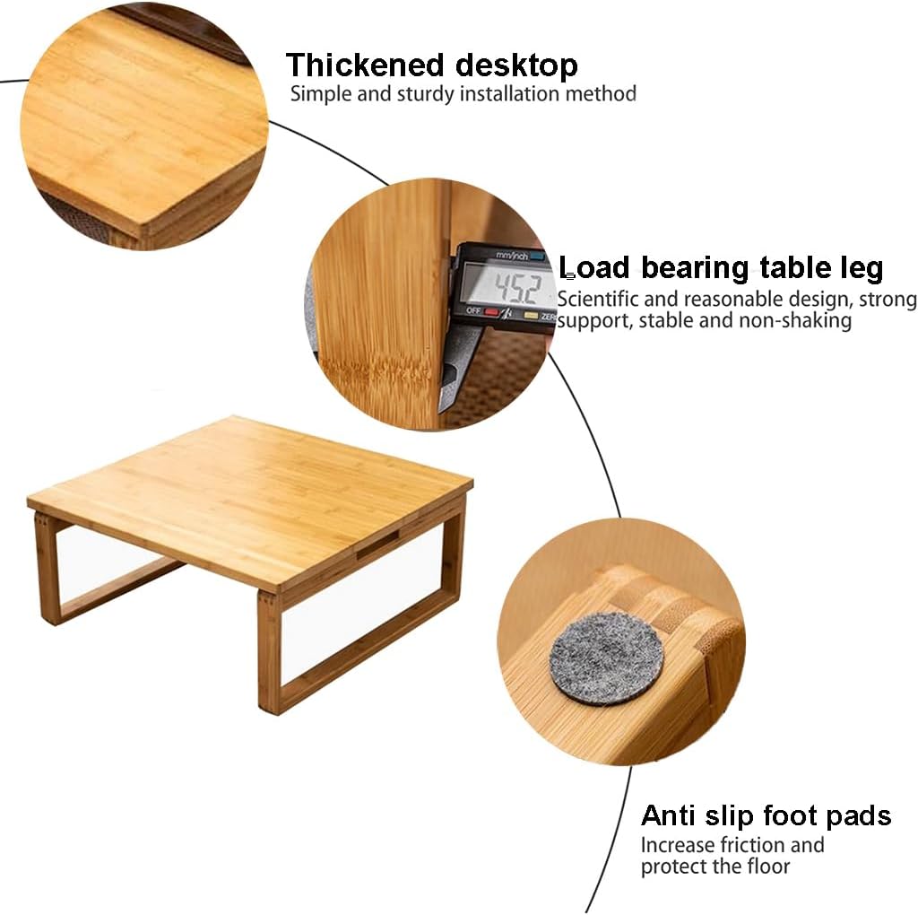 Japanese Style Folding Coffee Table, Portable Tea Table Low for Floor Sitting, Foldable Bamboo Kotatsu Dining Altar Bay Window Table (60x60cm, Square)