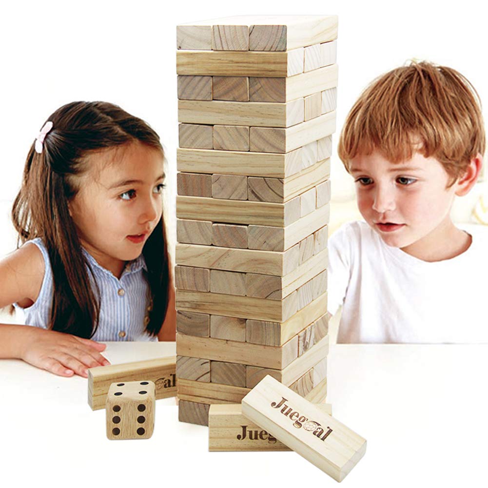 Jogo Juegoal 54 Peças Torre Gigante de Blocos de Queda Jogo Gigante de Empilhamento de Madeira com 1 Dado Conjunto Bolsa de Lona para Adultos, Crianças, Família