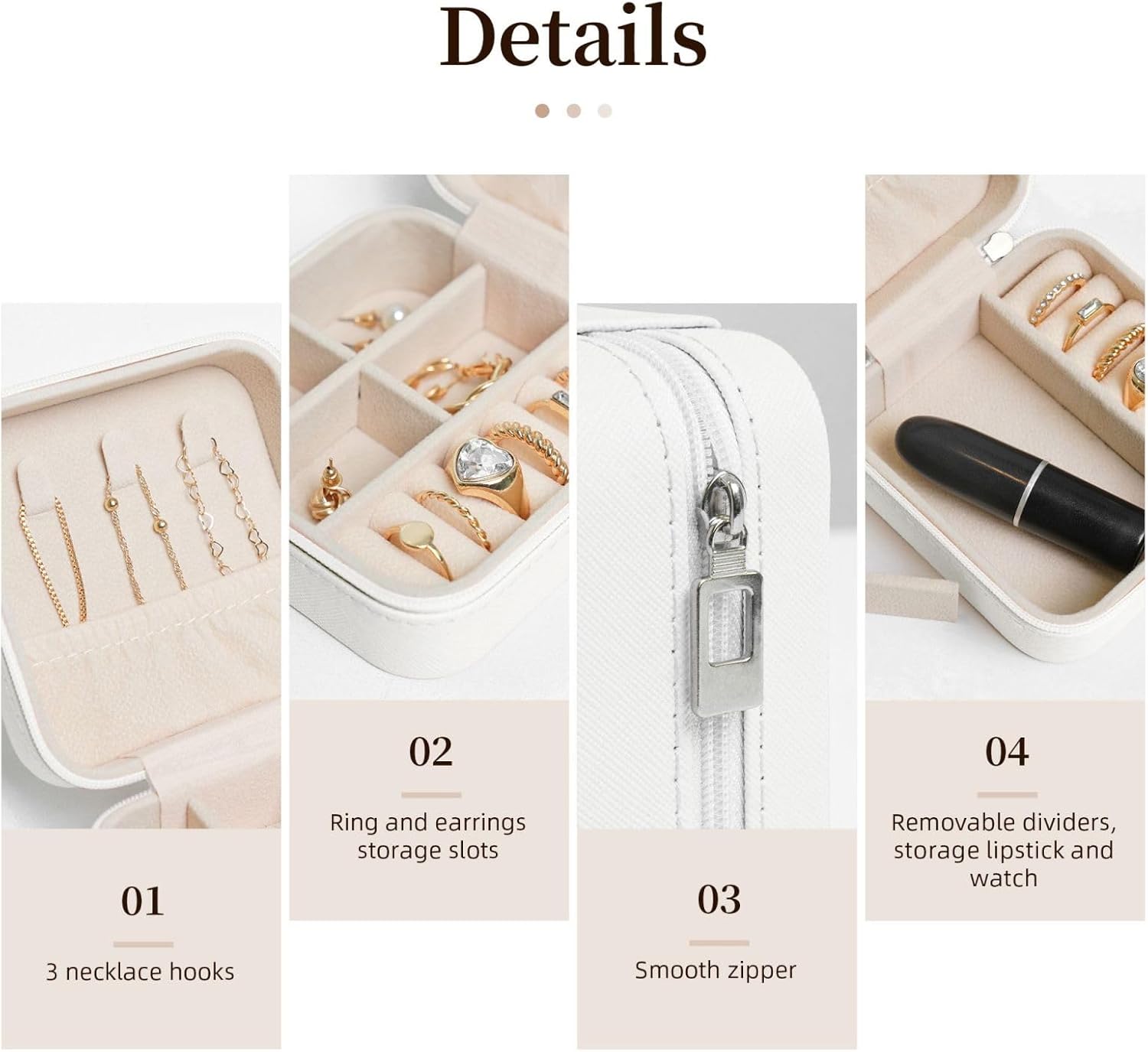 Petoskey Stone Printed Leather Jewelry Box, White Square Jewelry Organizer for Earrings, Rings, Necklaces, Bracelets