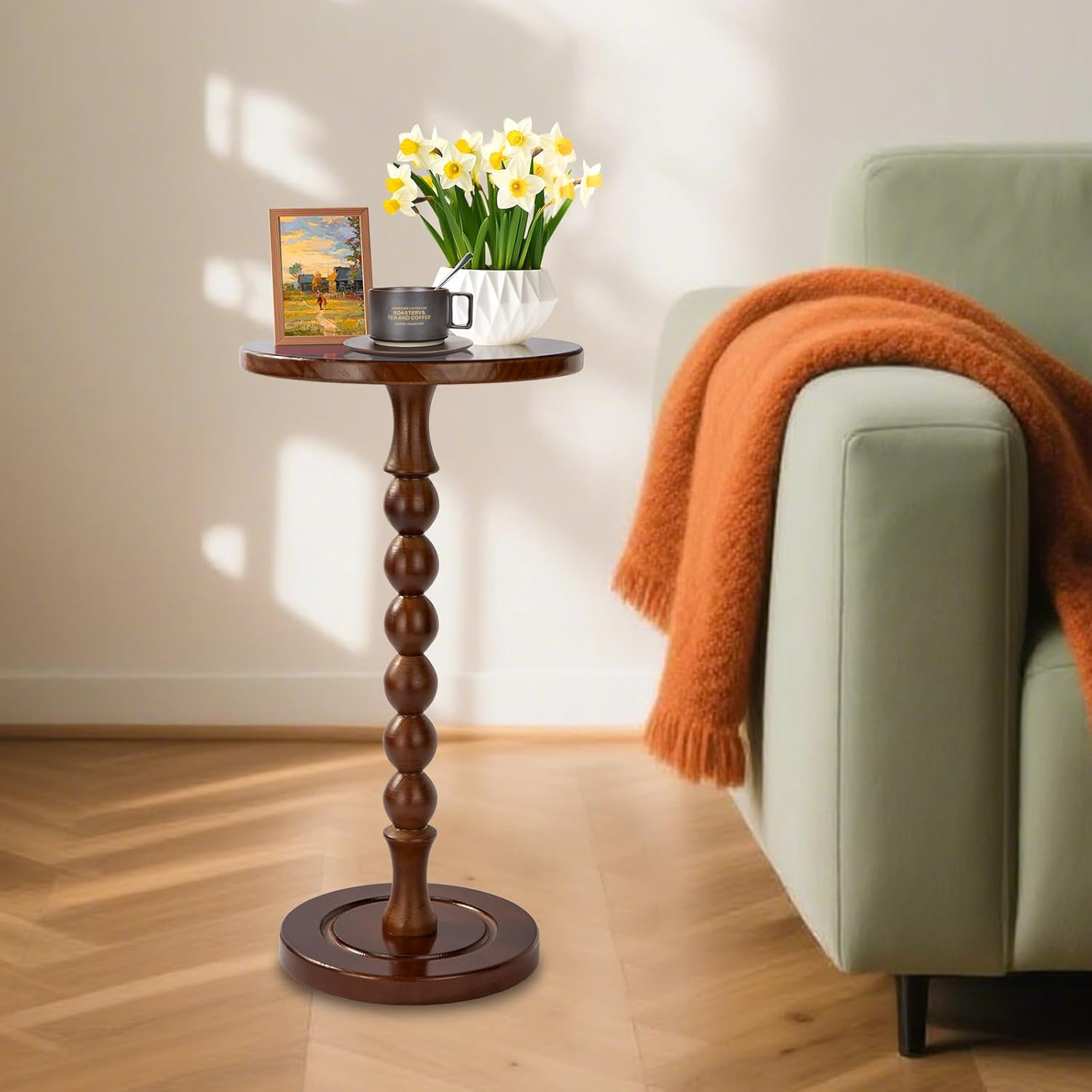 Round Side Table for Small Spaces, Drink Table with Oak Wood Pedestal, Modern End Table Nightstand for Living Room, Bedroom, Office, and Corners, Tool-Free Assembly, Brown