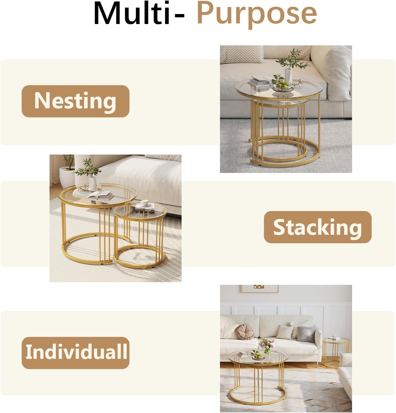 Garden 4 you Nesting Coffee Table, 23.6" Round Coffee Table Set of 2, Glass Nesting Table with Metal Frame, Ceter Tables for Living Room Bedroom Balcony, Gold