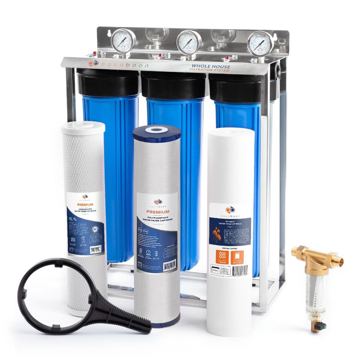 Aquaboon 3-Stage Whole House Water Filter System 20x4.5 inch with Prefilter & KDF, Sediment, Carbon Filters, Gauge & Release, Wrench, Freestanding Steel Frame