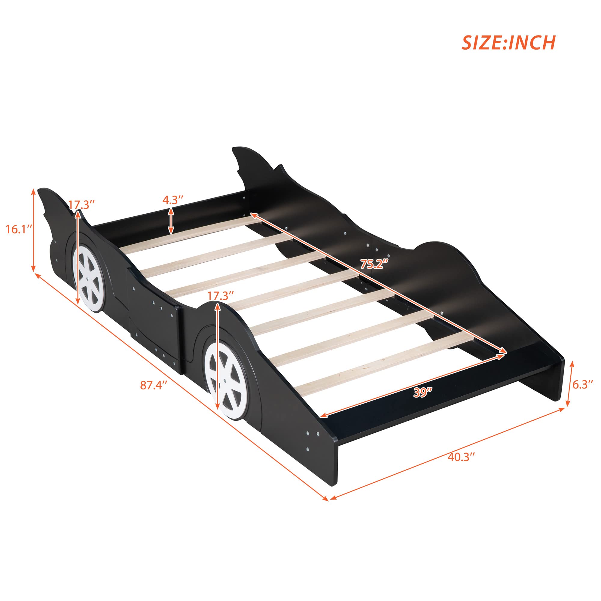 Harper & Bright Designs Twin-Size Plattformbett in Rennwagenform mit Rollen, Holzrahmen mit Stützlatten, Twin-Bodenbett für Kinder Jungen Mädchen Jugendliche, Schwarz