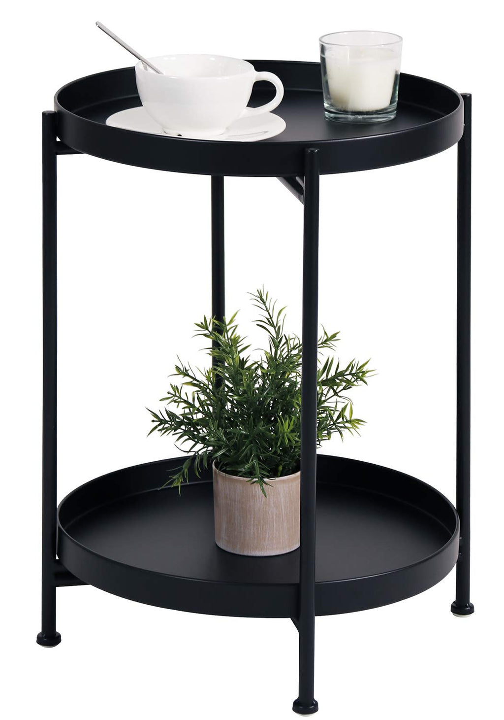 Tiita 2 Pack Round End Table Mental Side Table Nightstand/Small Wood Tables Accent Coffee Table with Wooden Tray for Living Room Bedroom Office Small Space