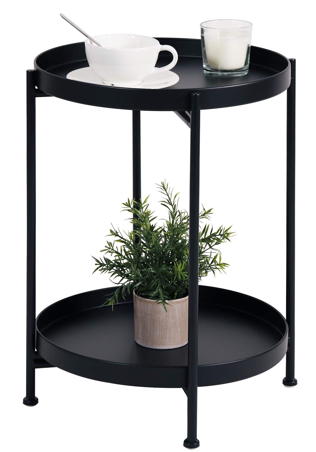 Tiita 2 Pack Round End Table Mental Side Table Nightstand/Small Wood Tables Accent Coffee Table with Wooden Tray for Living Room Bedroom Office Small Space