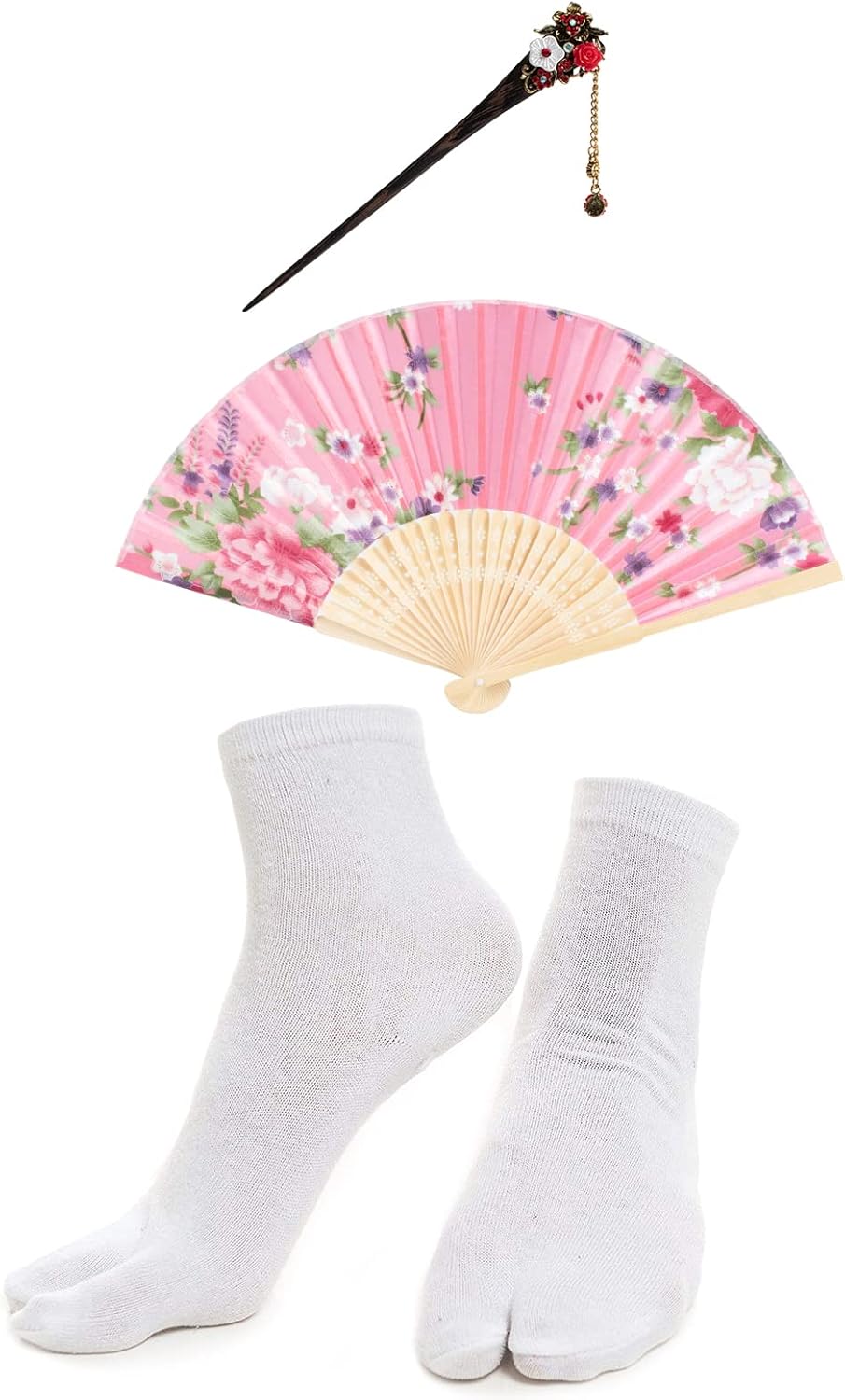 Japanese Anime Women's Dance Kimono Robe Fancy Dress Hand Held Silk Folding Fans Tabi Hairstick Socks Set