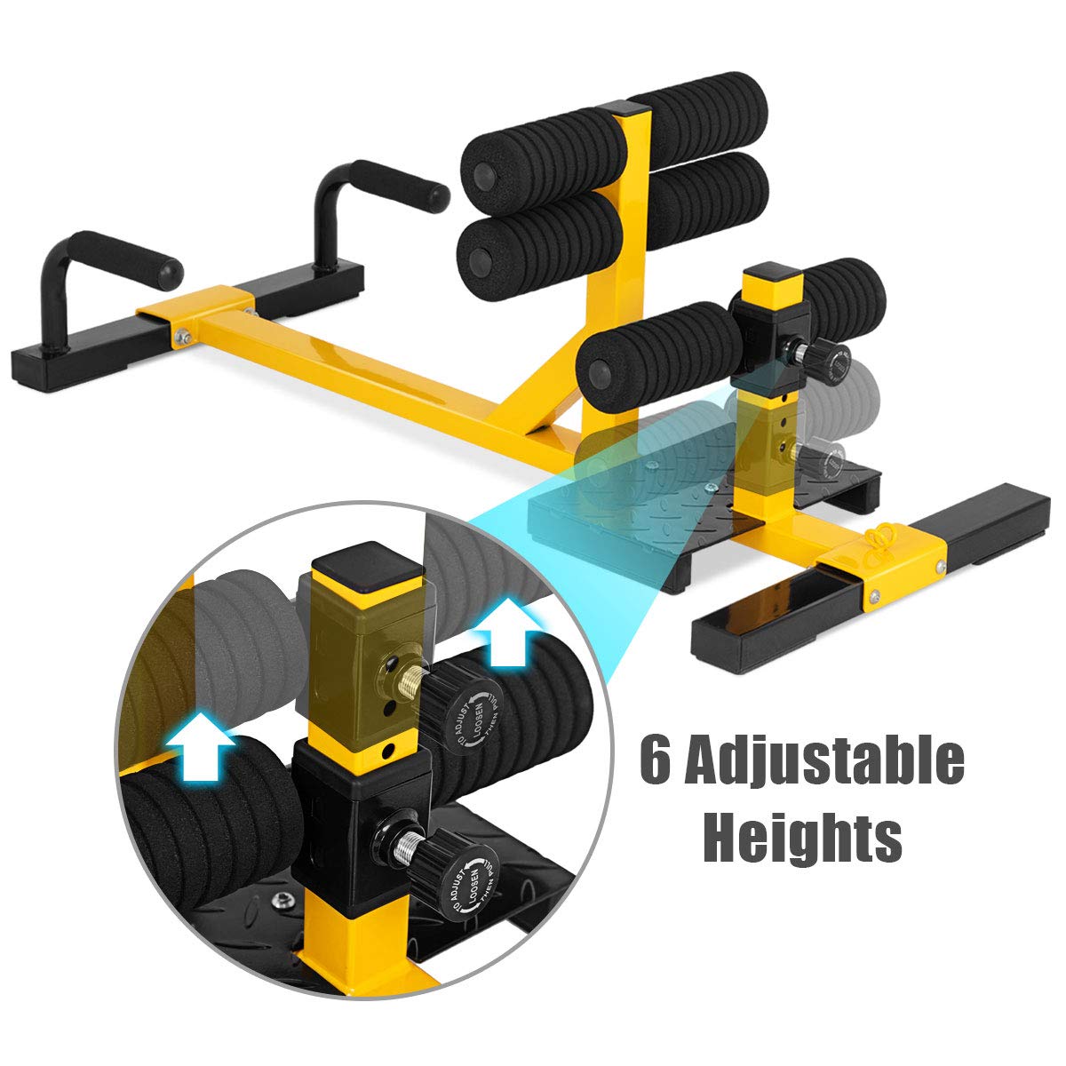 Machine de squat Sissy GYMAX, machine de squat Sissy profonde 3-en-1 avec cercles de sangle et hauteur réglable, parfaite pour les pompes, le squat Sissy et l'entraînement des abdominaux, équipement d'entraînement pour la maison, salle de sport (jaune)