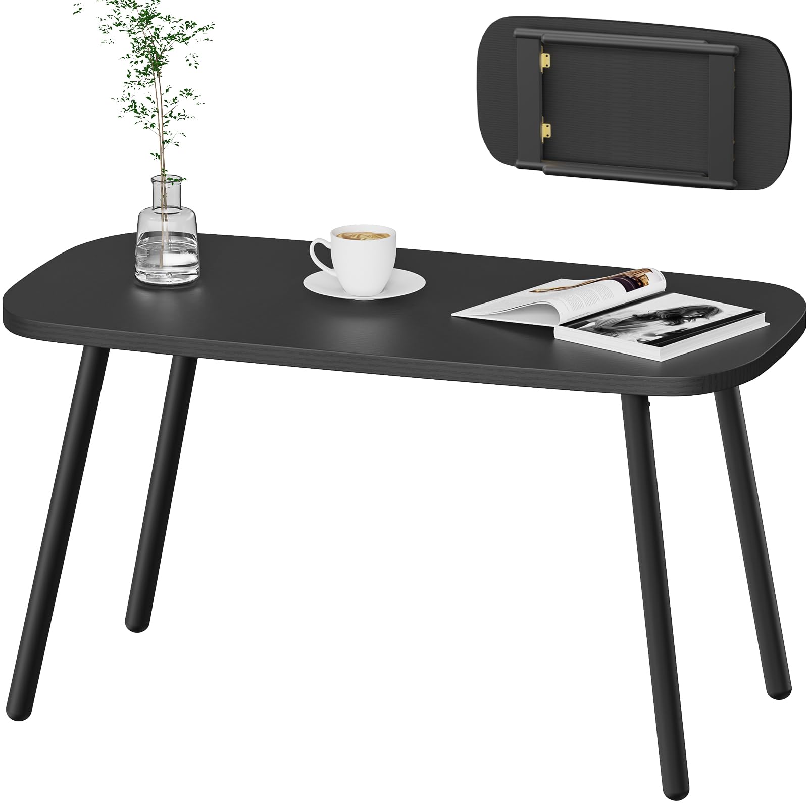 Folding Coffee Table, Wood Coffee Table Portable Low Floor Table with Metal Legs, Mid Century Modern Rustic Coffee Tables for Living Room, Home, Office, No Assembly 31.5x15.75x18.5IN