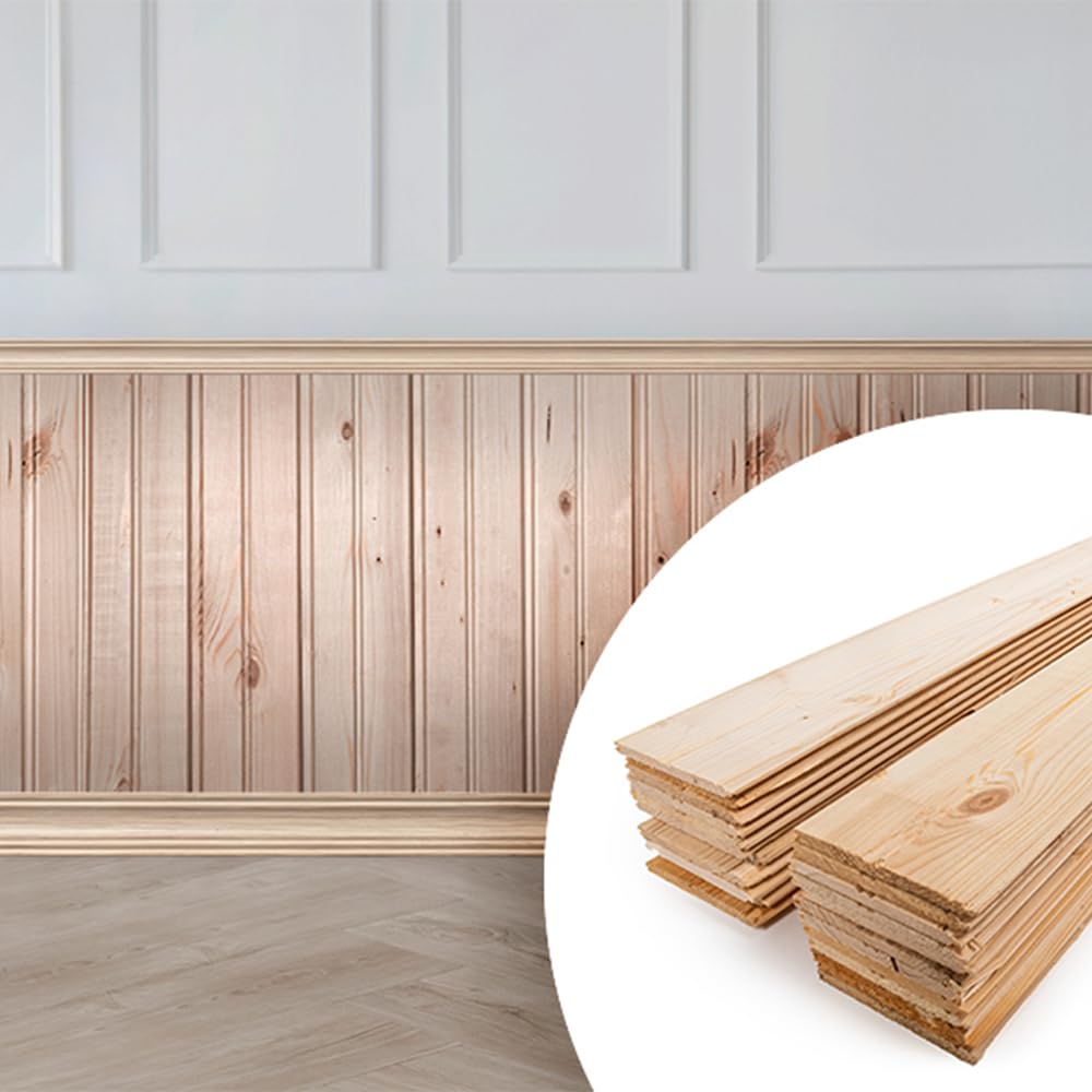 Wainscot Reversible - Solid Wood Wainscoting Tongue & Groove Planks 7 Linear Feet - DIY Wood Paneling - Natural Unfinished Pine Wood Color Planking – 24 Panels (Coverage Area of 18.7 sq.ft.)