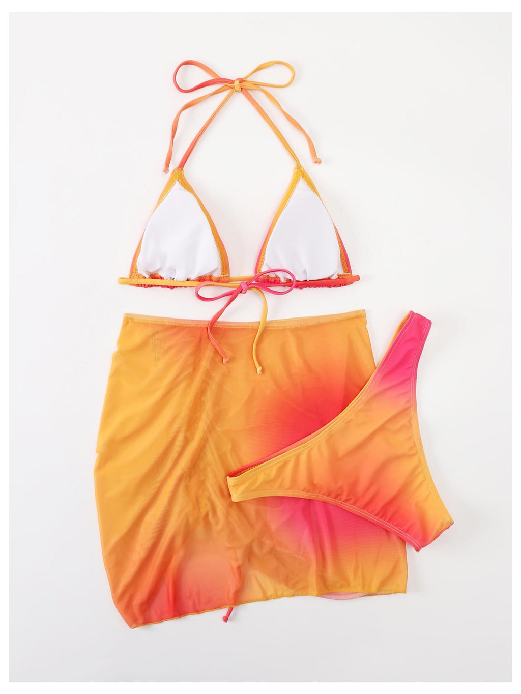 SOLY HUX Women's 3 Piece Swimsuit Ombre Halter Triangle Bikini Set Bathing Suit with Cover Up Beach Skirt Orange Ombre Medium